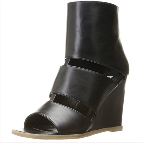 Black Square Peep Toe Caged Cognac Wedge Bootie - Picture 2 of 5